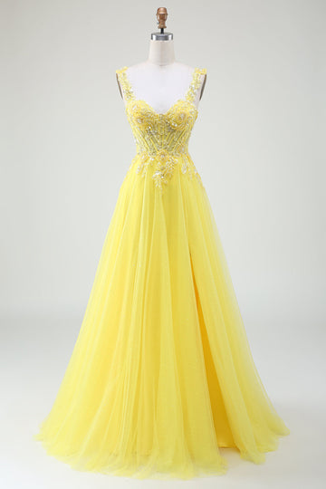 Tulle Beaded Yellow Corset Prom Dress with Slit